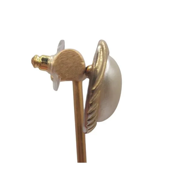 Vintage Faux Pearl & Gold-Tone Post Back Earrings - Picture 3 of 4